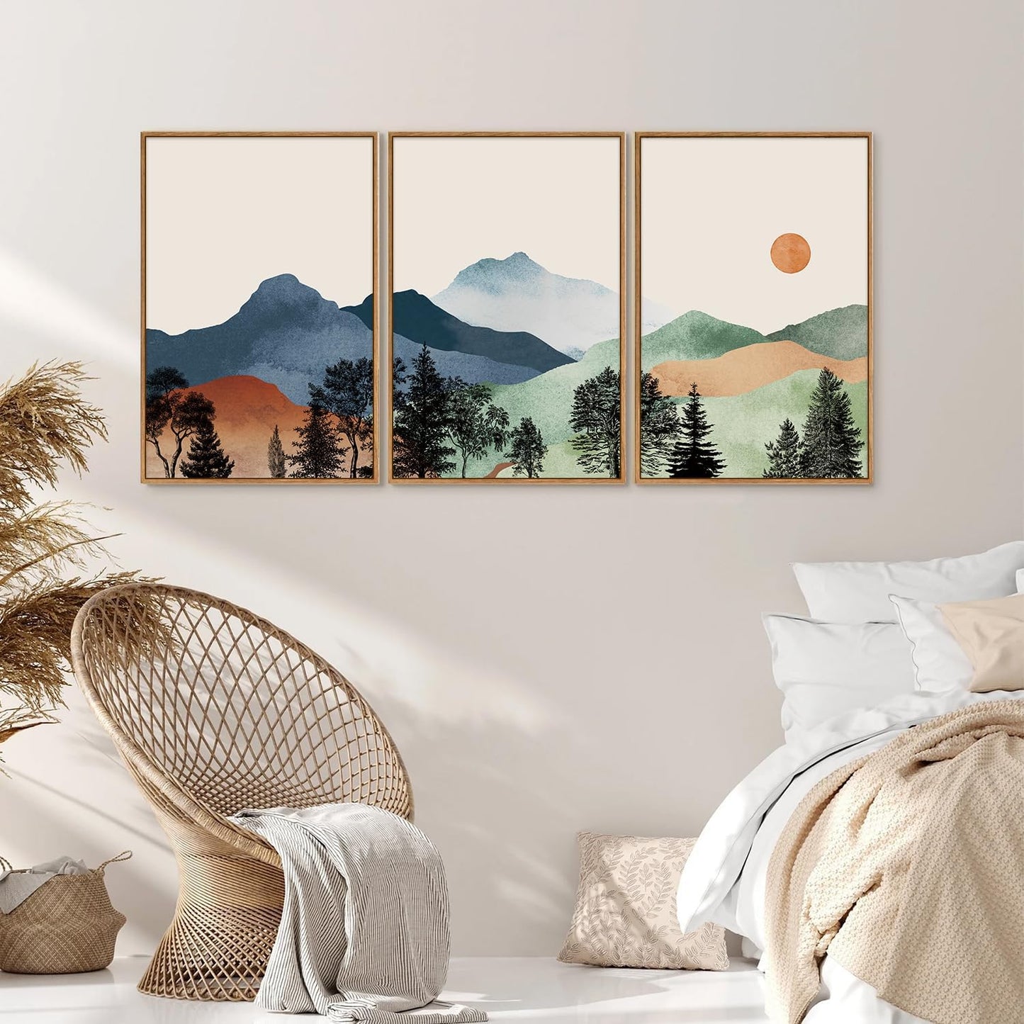 SIGNINART Boho Mountains Framed Canvas Wall Art Set of 3, Watercolor Nature Landscape Art Prints
