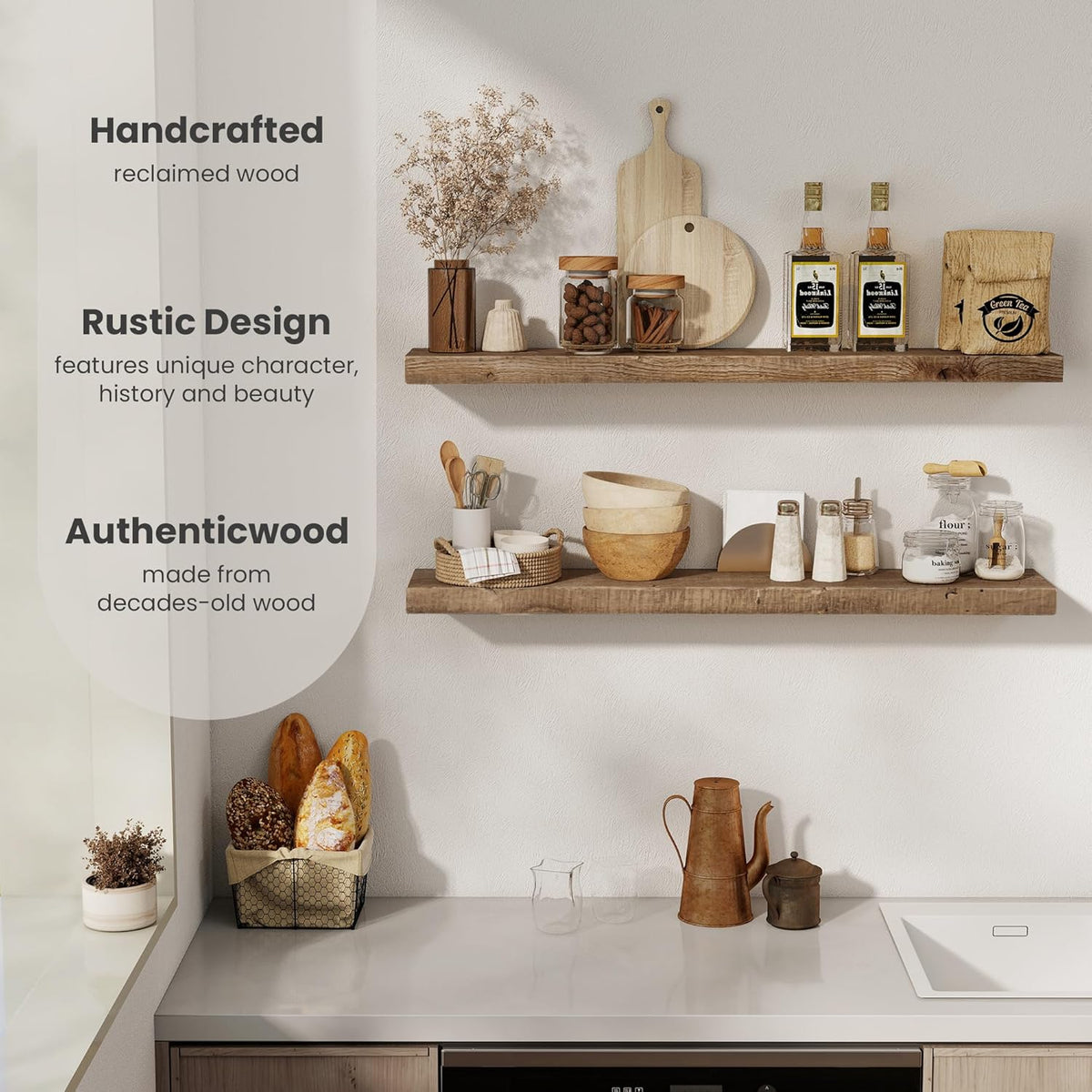 Floating Shelves Reclaimed Barnwood, 8" Deep Solid Wood Floating Shelf Wall Hanging Shelves with