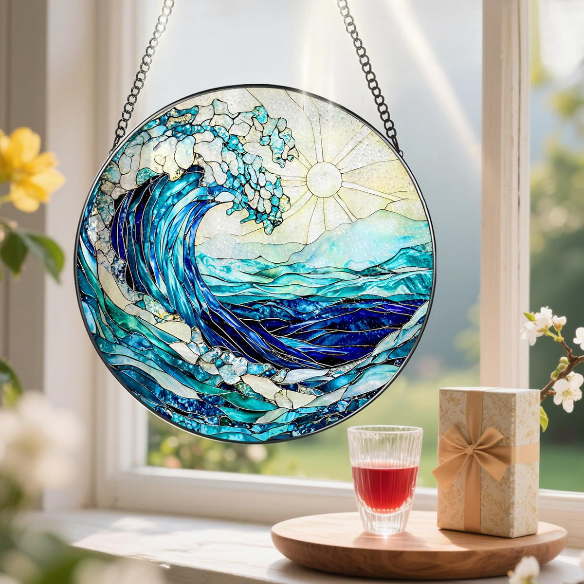Stained Glass Window Hanging, 8 Inch Ocean Waves Stained Glass Suncatcher, Window Hanging Decor