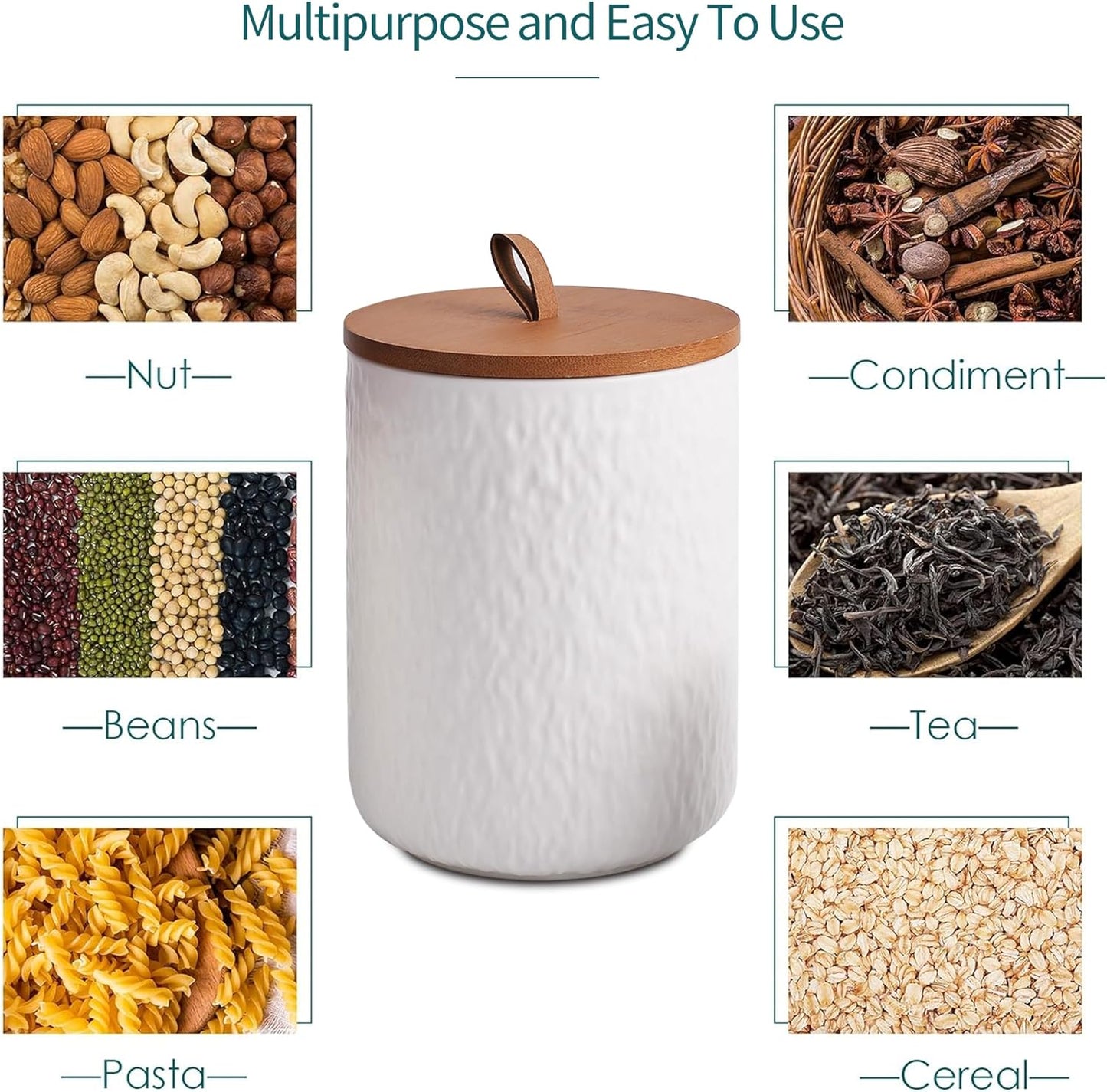 JOJUNO White Ceramic Canister Set with Wooden Lid, 3-Piece Airtight Food Storage Jars for Kitchen