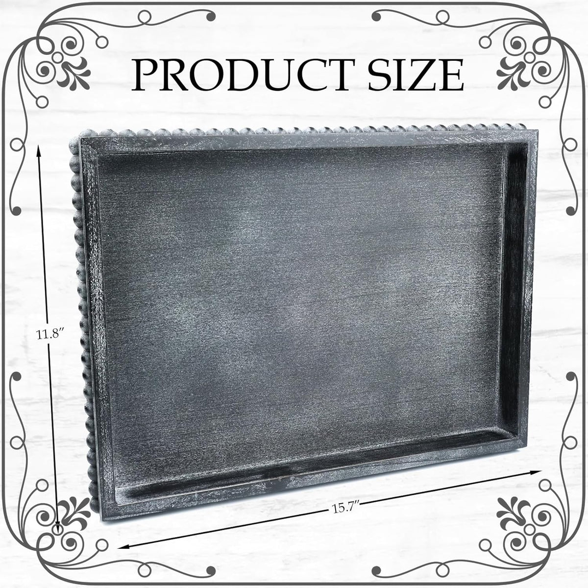 Rectangle Wood Serving Tray with Beads, Black Washed Wooden Decorative Tray for Entertaining