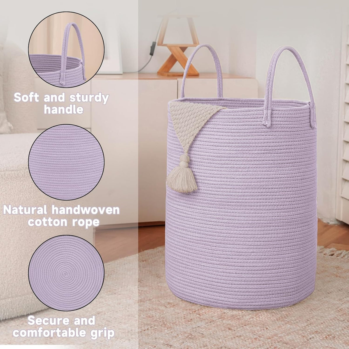 Large Woven Laundry Basket Hamper,100L Cotton Rope Storage Bin for Blankets,Toys and