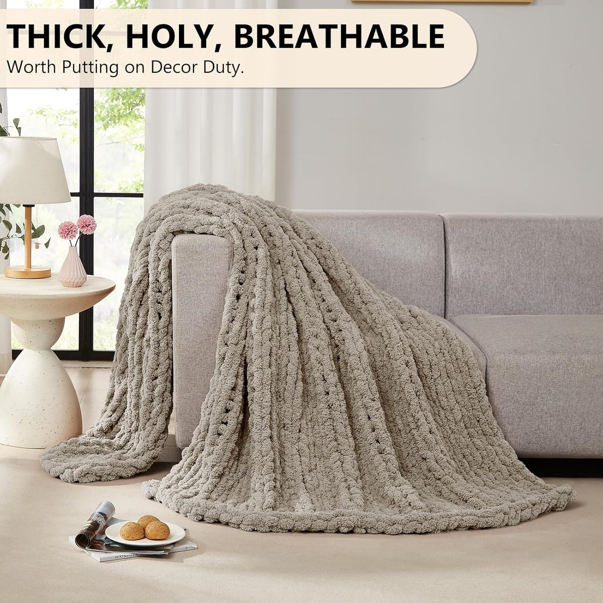 L'AGRATY Chunky Knit Blanket Throw: 80''x90'' Chenille Chunky Knitted Throw Blankets for Bed Couch