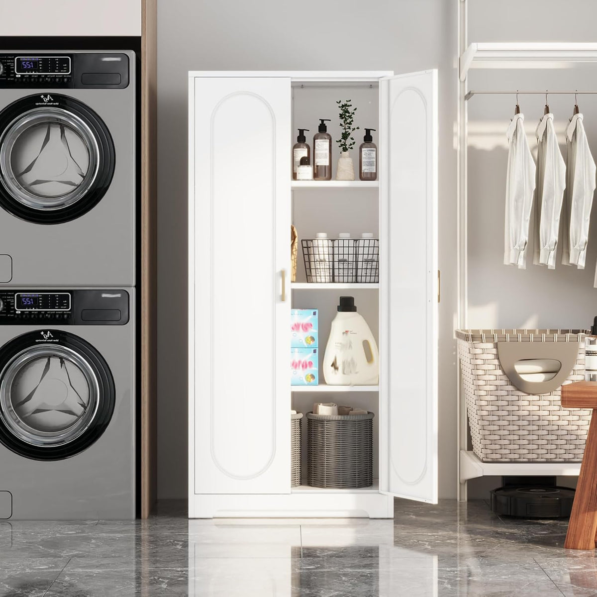 Kitchen Pantry Cabinet,60”Metal White Storage Cabinets with Doors and Shelves,Tall Cabinet with 2