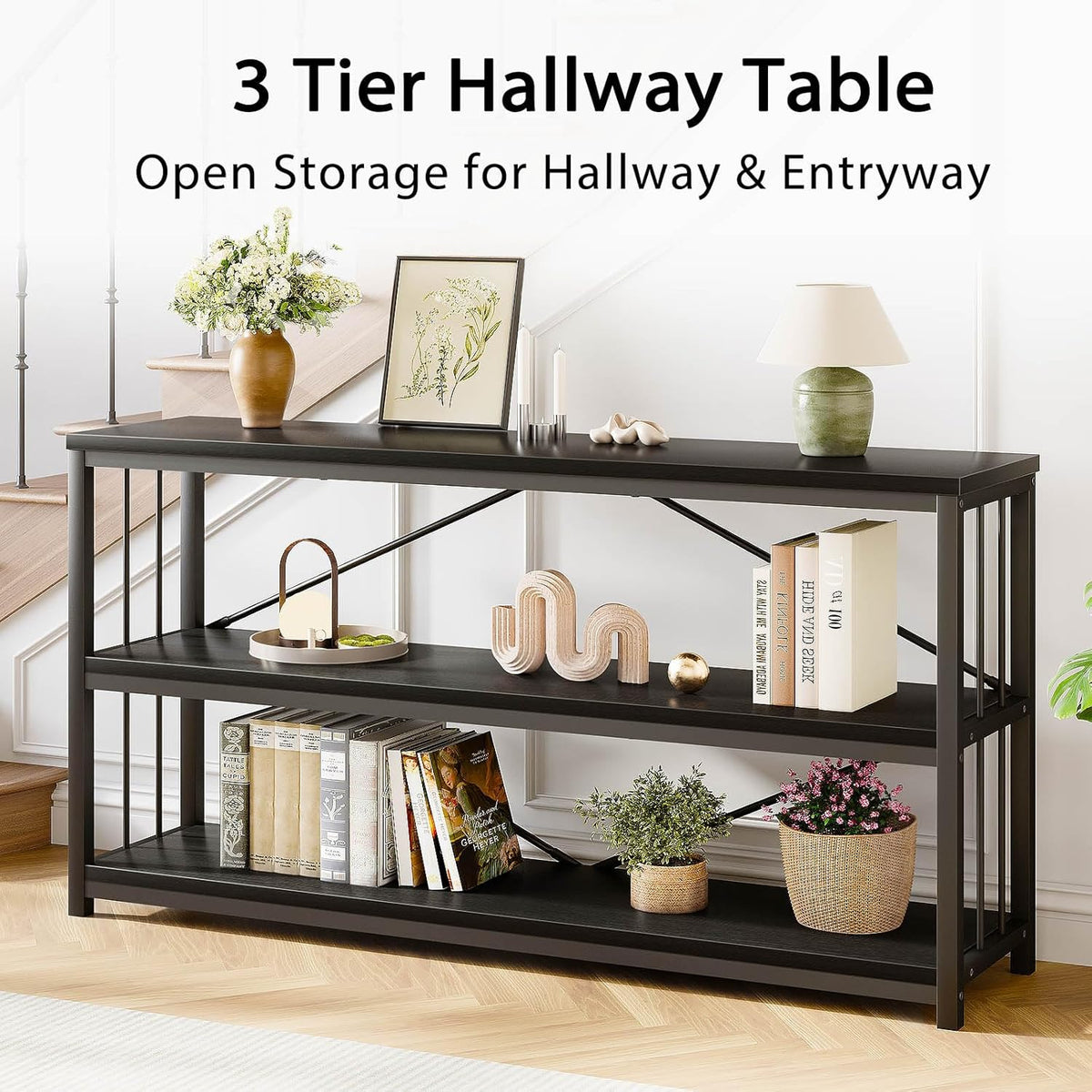 LVB Black Entryway Table, Modern Extra Long Sofa Console Table, Metal Wood Narrow Hallway Table