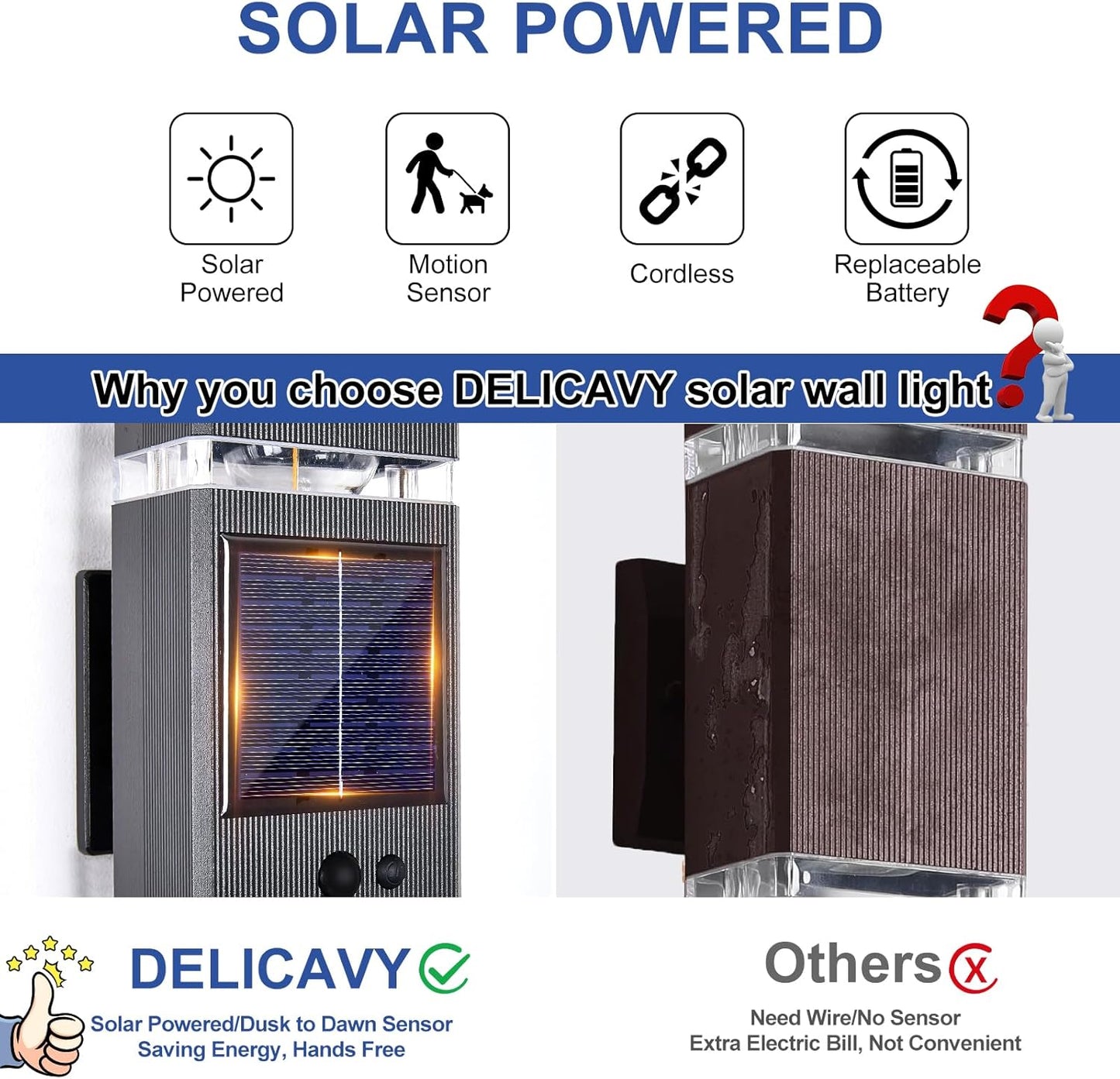 2 Pack Solar Outdoor Wall Lights with 3-Mode Motion Sensor Outside Sconces Up Down Solar Porch