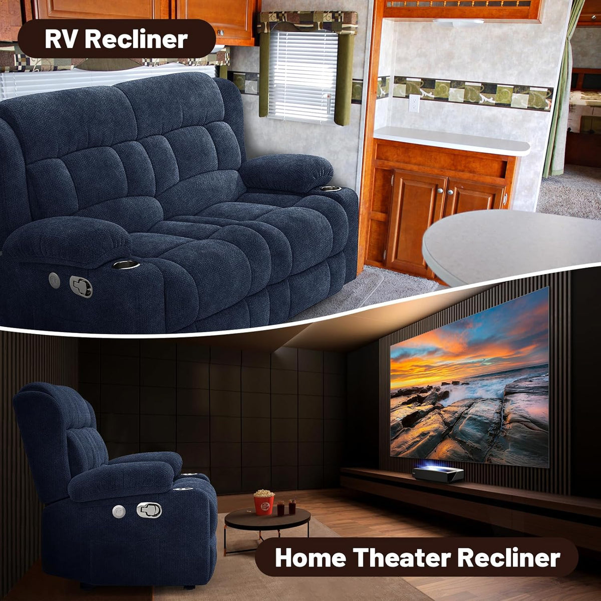 Loveseat Recliner Sofa, 2 Seater Minimalist Style Fabric Manual Pull Tab Reclining Loveseat with