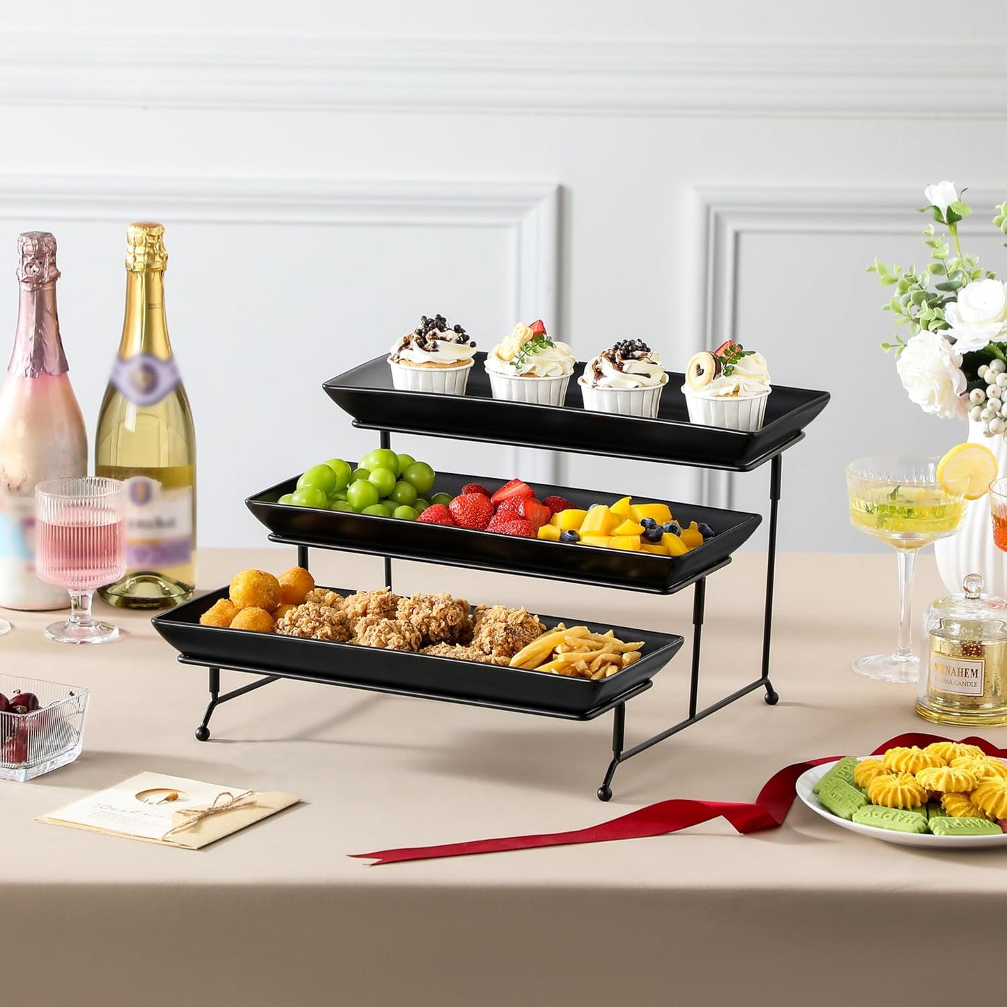 MALACASA 3 Tier Serving Trays for Party, Stoneware Serving Platters and Trays, 14 Inch Tiered Tray