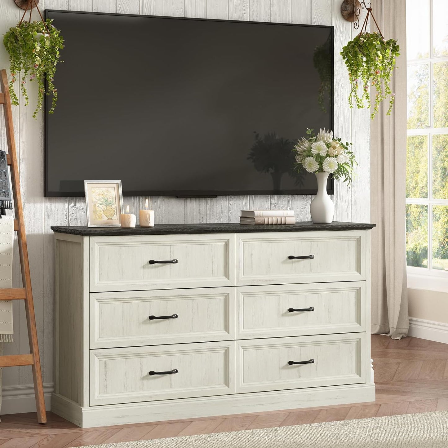 Farmhouse 6 Drawer Dresser for Bedroom, 55 Inch Wide Modern White Dresser TV Stand with Large