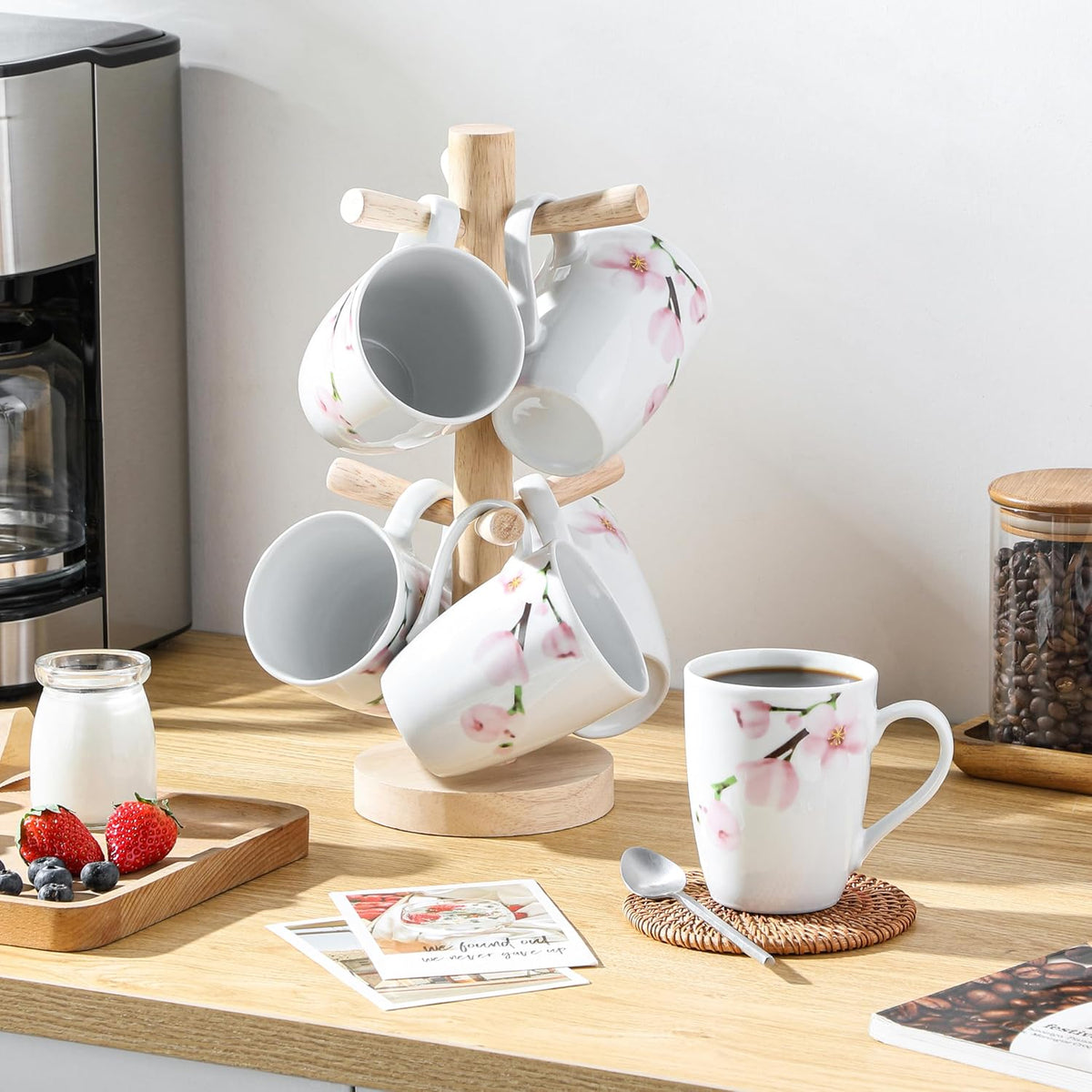 VEWEET Coffee Mugs Set of 6, 11 OZ Coffee Cups Set with Handle, Floral Mug Sets Ceramic Cup Set for