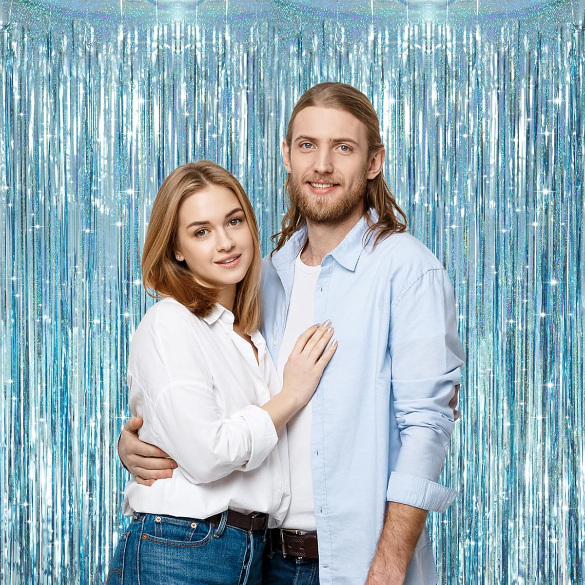 3 Pack 3.3 x 8.2 ft Laser Blue Foil Fringe Backdrop Curtains, Tinsel Streamers Party Decorations
