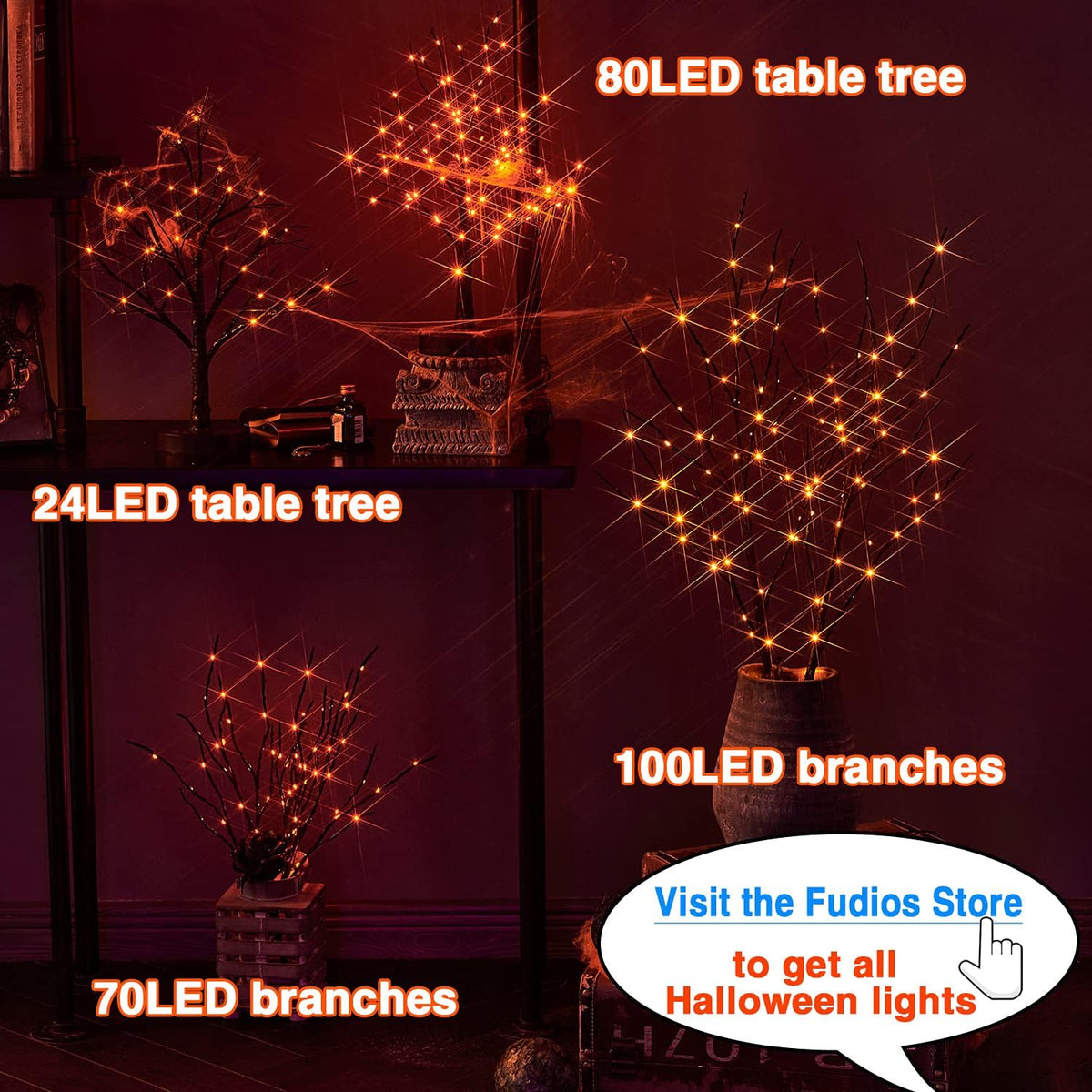 Fudios Halloween Lighted Branches with Timer 100 LED Orange Fairy Lights 32IN, Black Tree Branch