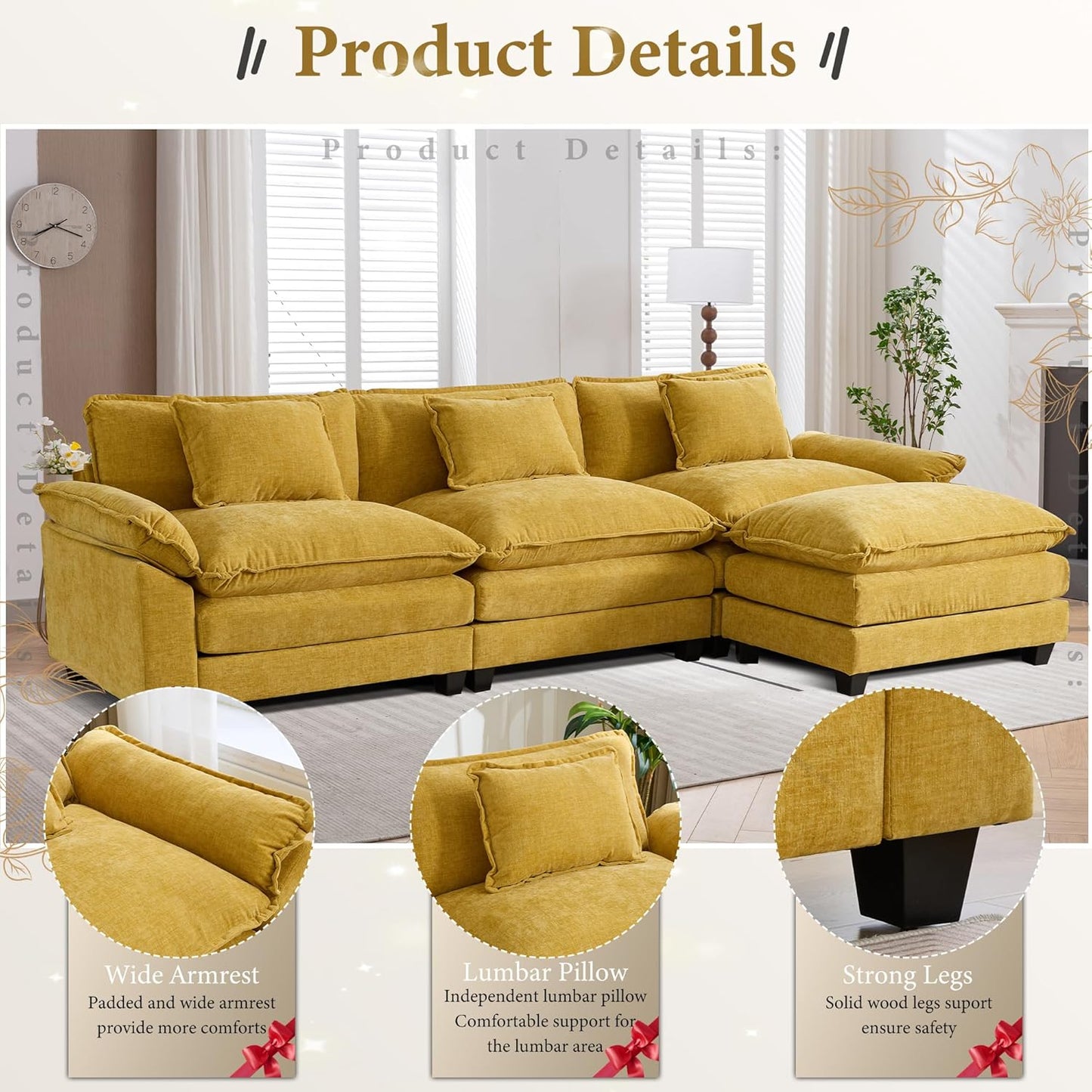 URRED Modular Sectional Sofa Comfy Cloud Couch, Modern Chenille Sofa Sleeper Deep Seat Couches with