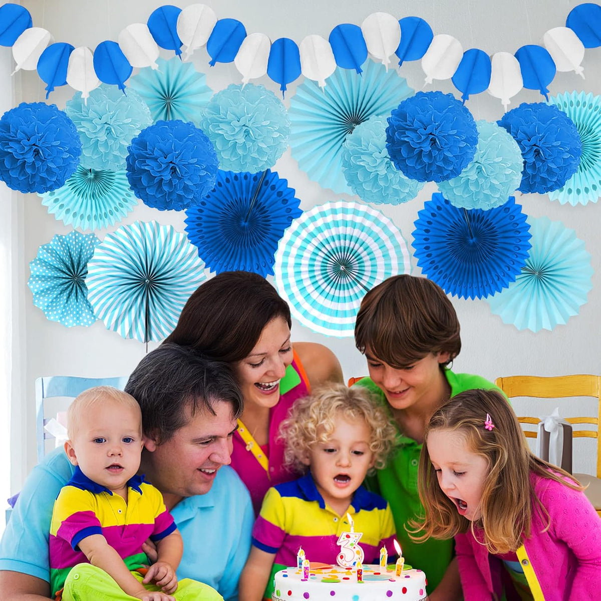 Party Decorations, Blue Papar Fans Pompoms Garlands for Men Boy Fathers Day Graduation Bachelorette