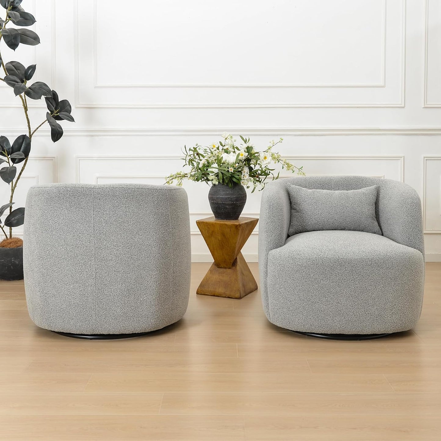 KINWELL 34" Wide Sherpa Swivel Barrel Chairs Set of 2, No Assembly Round Boucle Upholstered Accent