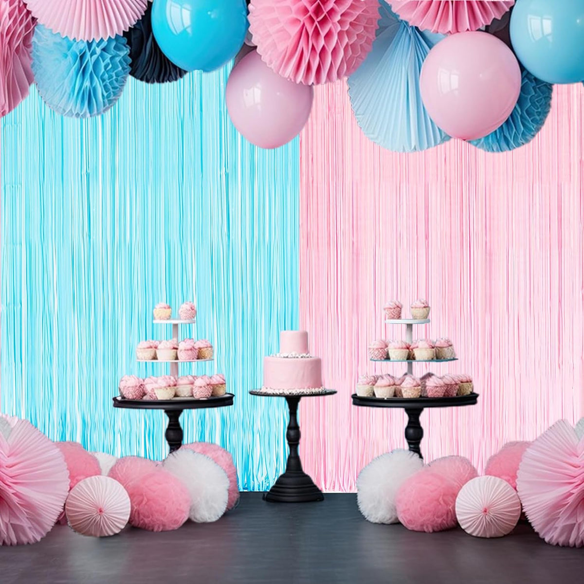 BRAVESHINE Tinsel Photo Backdrop Curtains - 2 Pack 3.2x8.2ft Pastel Pink Blue Foil Fringe Streamer