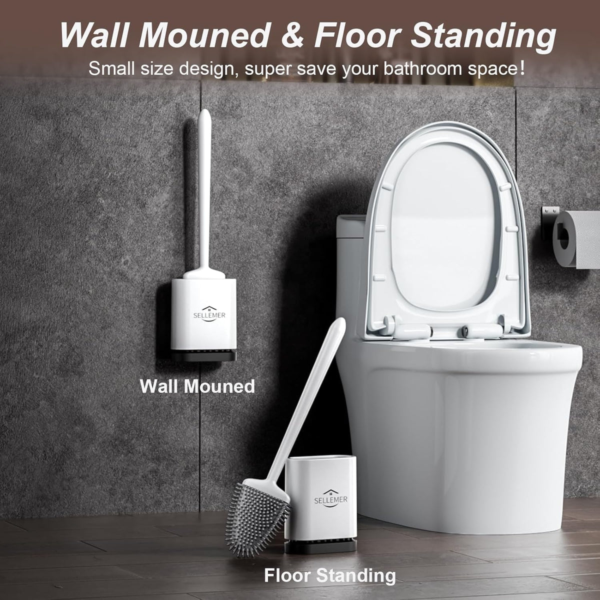 Sellemer Toilet Brush and Holder Set - Flexible Toilet Bowl Brush Head with Silicone Bristles
