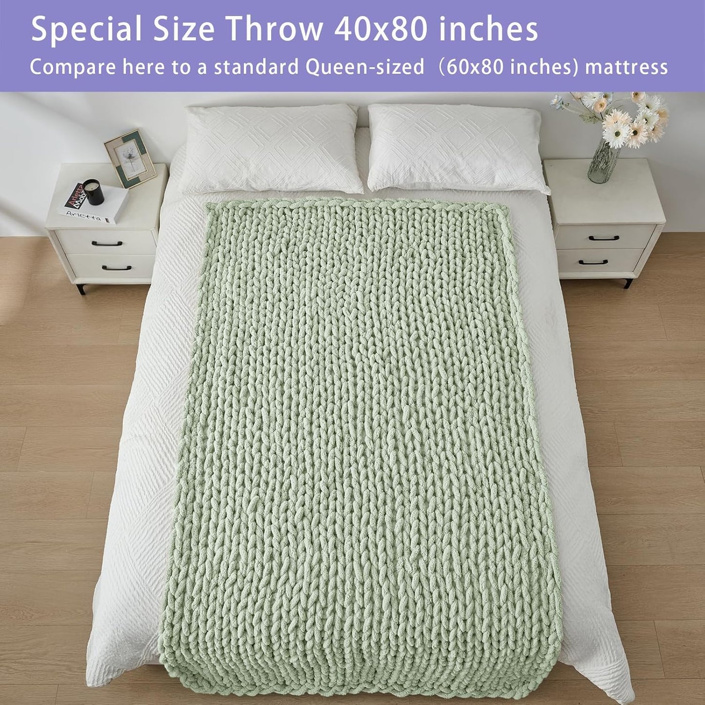 Bigacogo Chunky Knit Throw Blanket for Couch, 40x80 inches, 100% Hand Knitted with Thick Jumbo