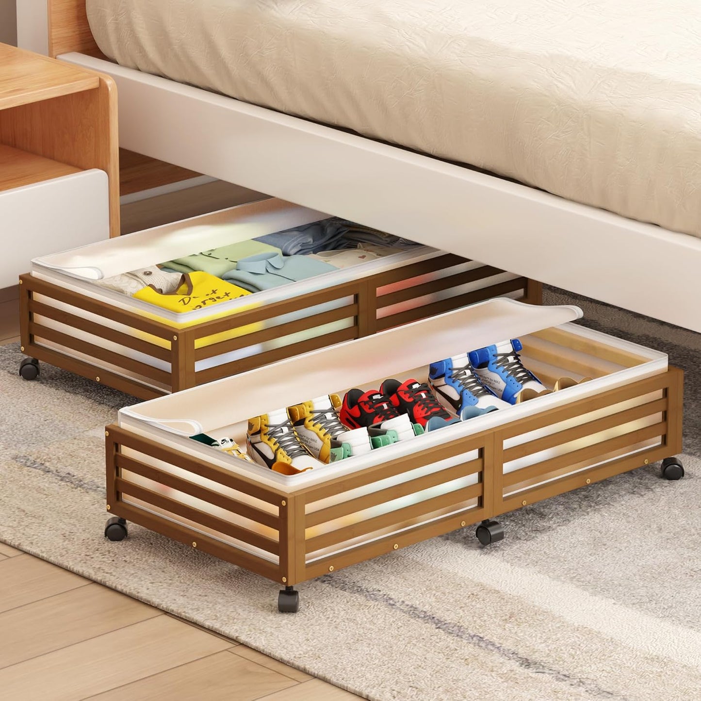 Under Bed Storage Containers With Wheels - 2 Pcs Large Bamboo Wood Rolling Underbed Shoe Storage