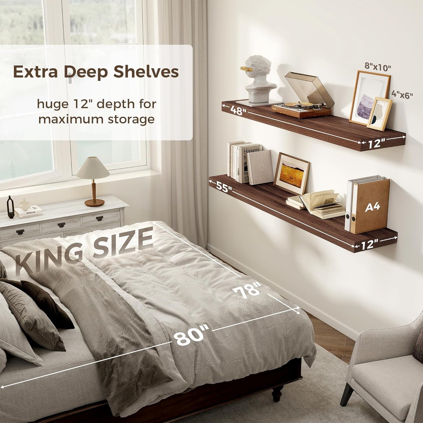 Floating Shelves 55 Inch Long, 12 Inch Deep Floating Shelves for Wall, Rustic Deep Wall Shelf for