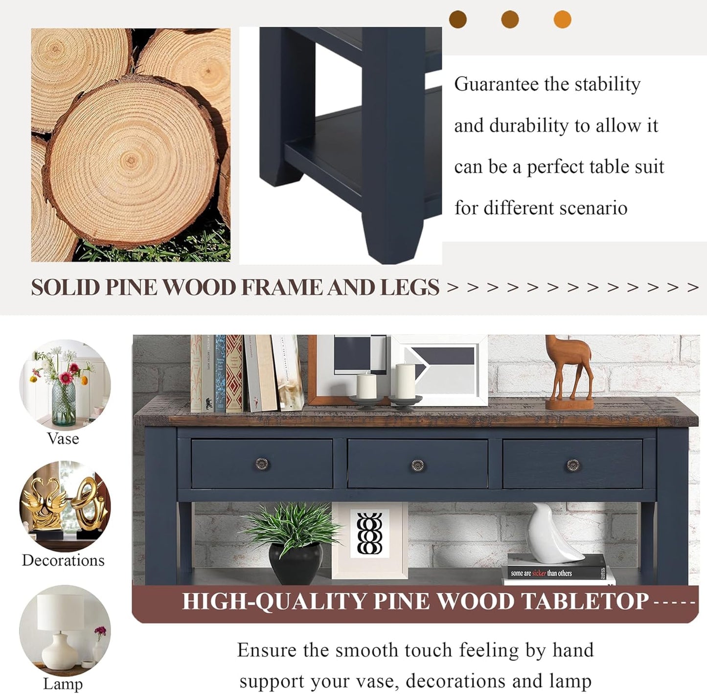 Solid Wood Console Table Sofa Table with Storage Drawers and Bottom Shelf Entryway Table for Entry