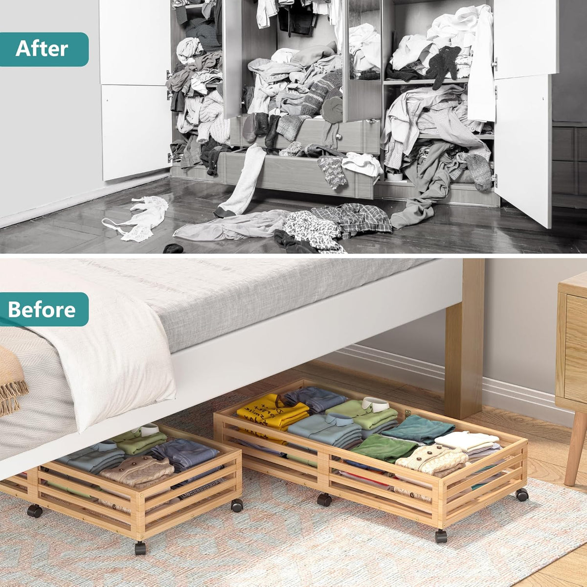 Bamboo Under Bed Storage Containers- Underbed Organizer with Wheels with Large Dust Bag,Sturdy Wood