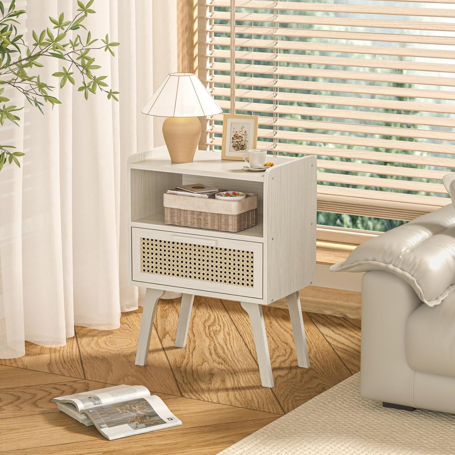 Lerliuo Rattan Nightstands Set of 2, Side Table with Drawer Open Shelf, Cane Accent Bedside End