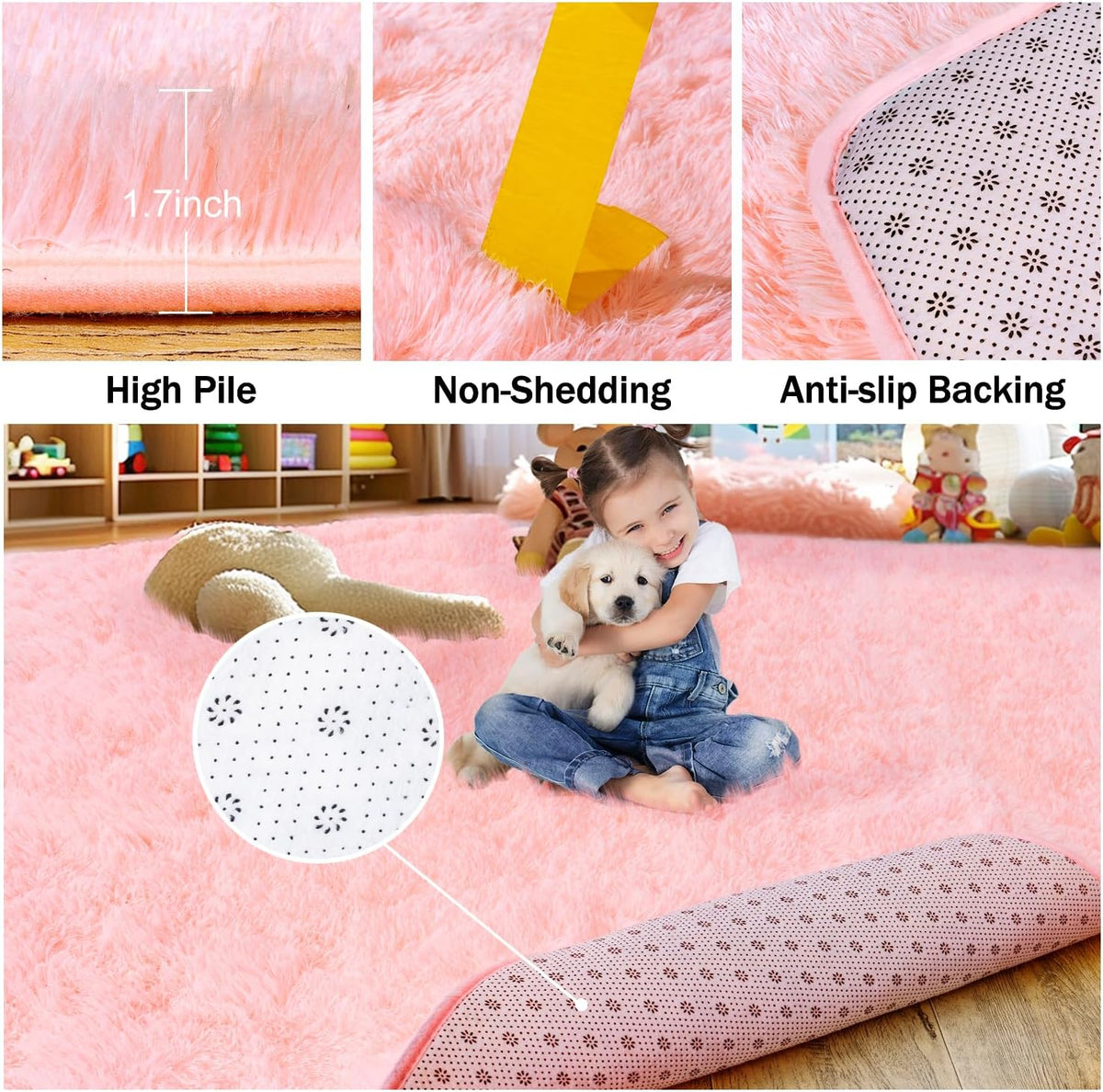 Ultra Soft Pink Rugs for Bedroom 8x10 Feet, Fluffy Shag Area Rugs for Living Room, Large Comfy