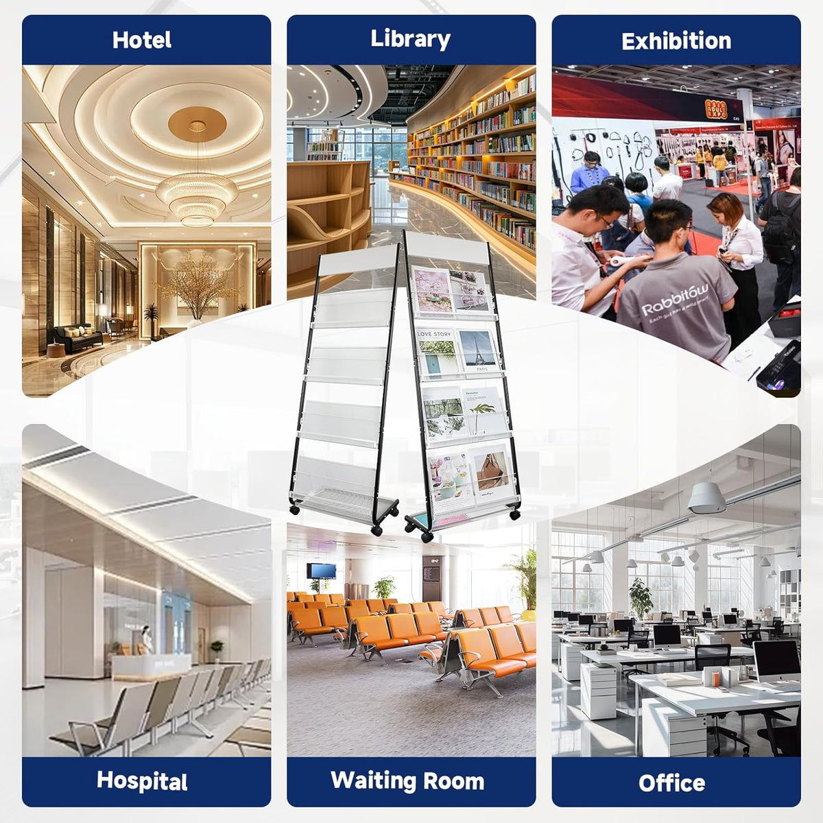 4-Tier Floor-Standing Magazine Rack with Wheels – Perfect Brochure Display Stand for Exhibitions