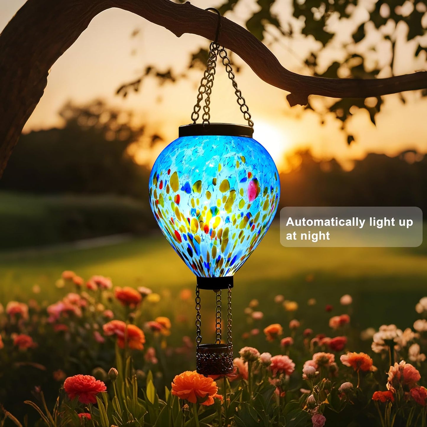 VOREEN Solar Hot Air Balloon Glass Lantern – Hand Blown Multicolor Glass Outdoor Hanging Light