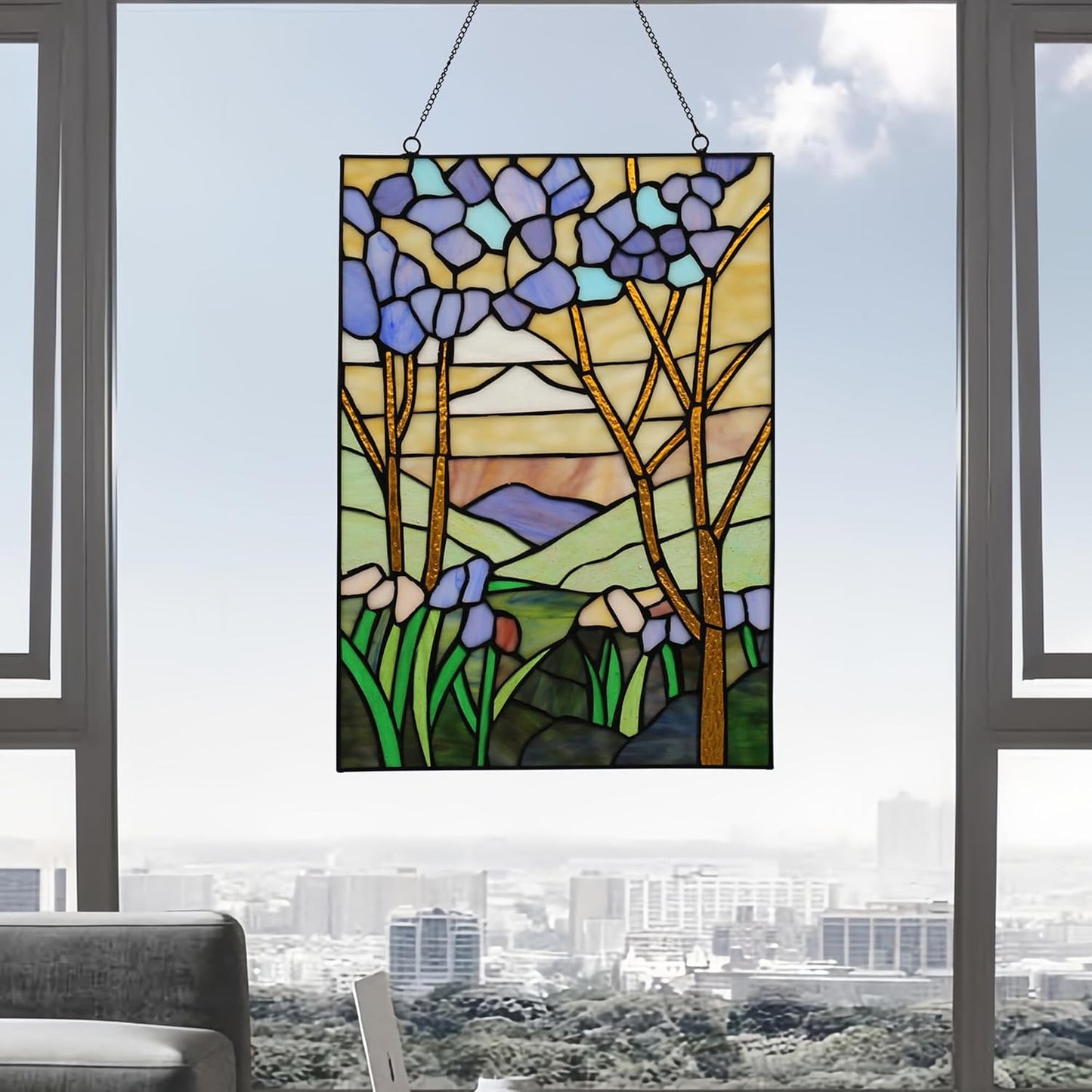 YOURANJU Stained Glass Window Hanging 16" H x 11" W Tiffany Style Rectangular Window Panel Suitable