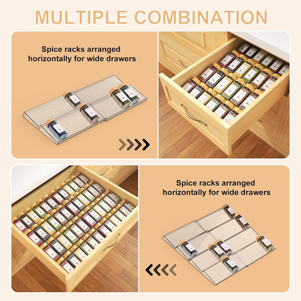 24 Spice Jars with Spice Drawer Organizer, 355 Spice Labels, 4 Pack Expandable From 11'' to 21''