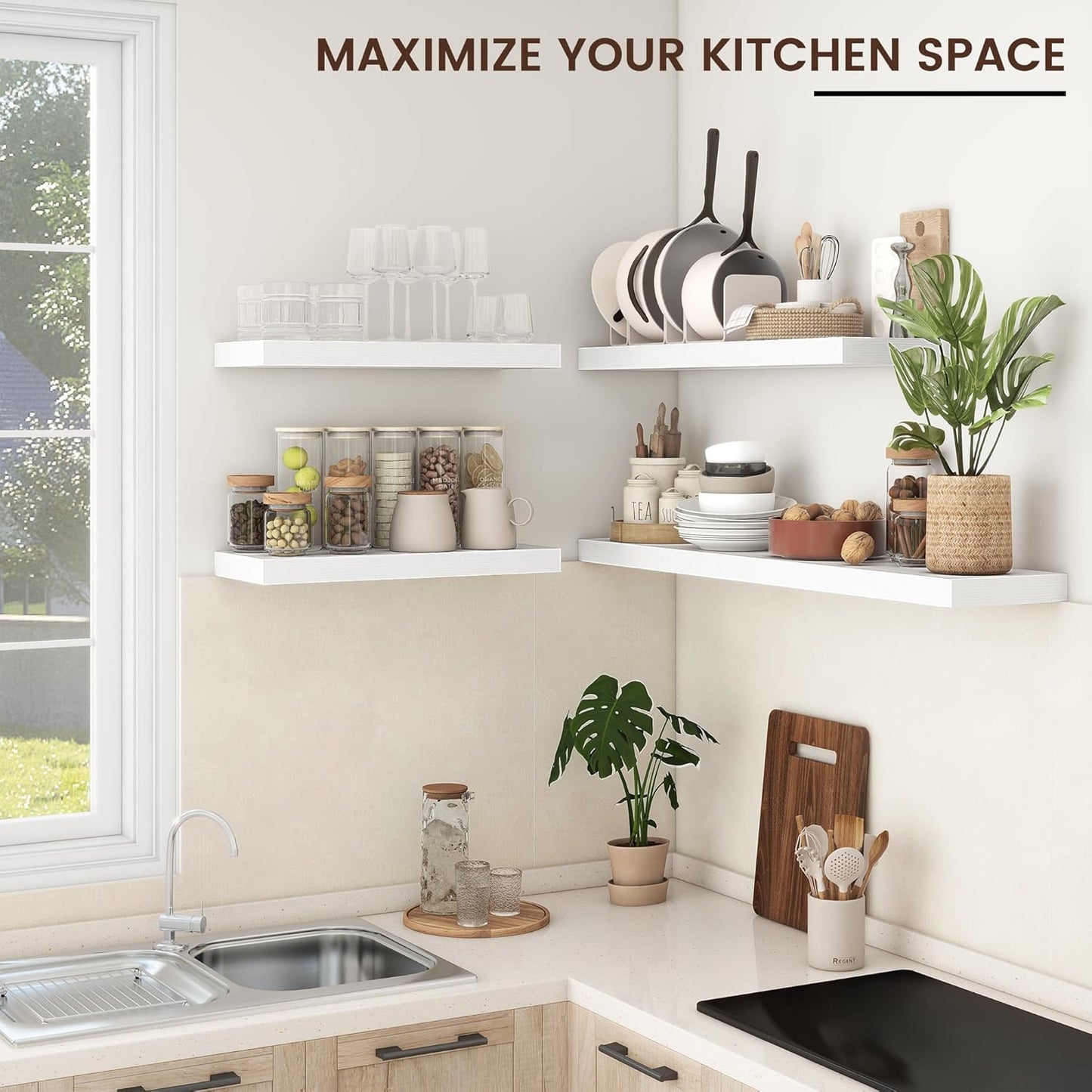 Floating Shelves for Wall, 2 Large Wall Mounted Shelves with Invisible Brackets, Long Wood Floating