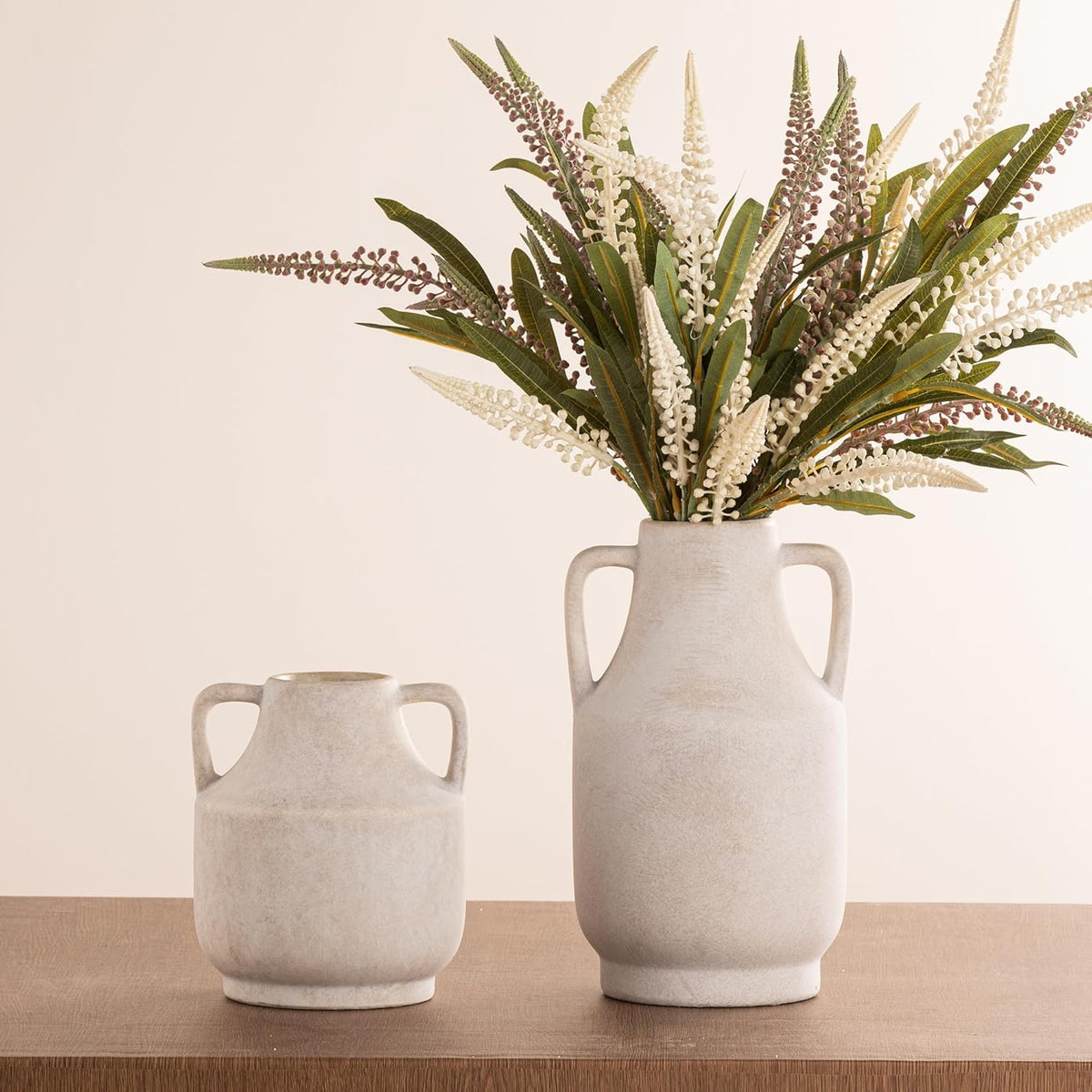 Mitt&Ditt Ceramic Flower Vase with Handles, 8 inch Tall Off-White Vase, Decorative Terracotta