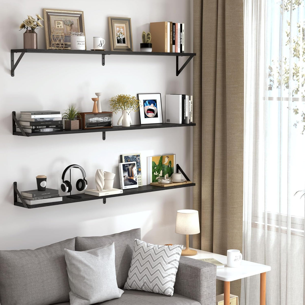Heimlove 48 Inch Large Wall Bookshelves Set of 3, Wall Mounted Bookshelves,Heavy Duty Wooden