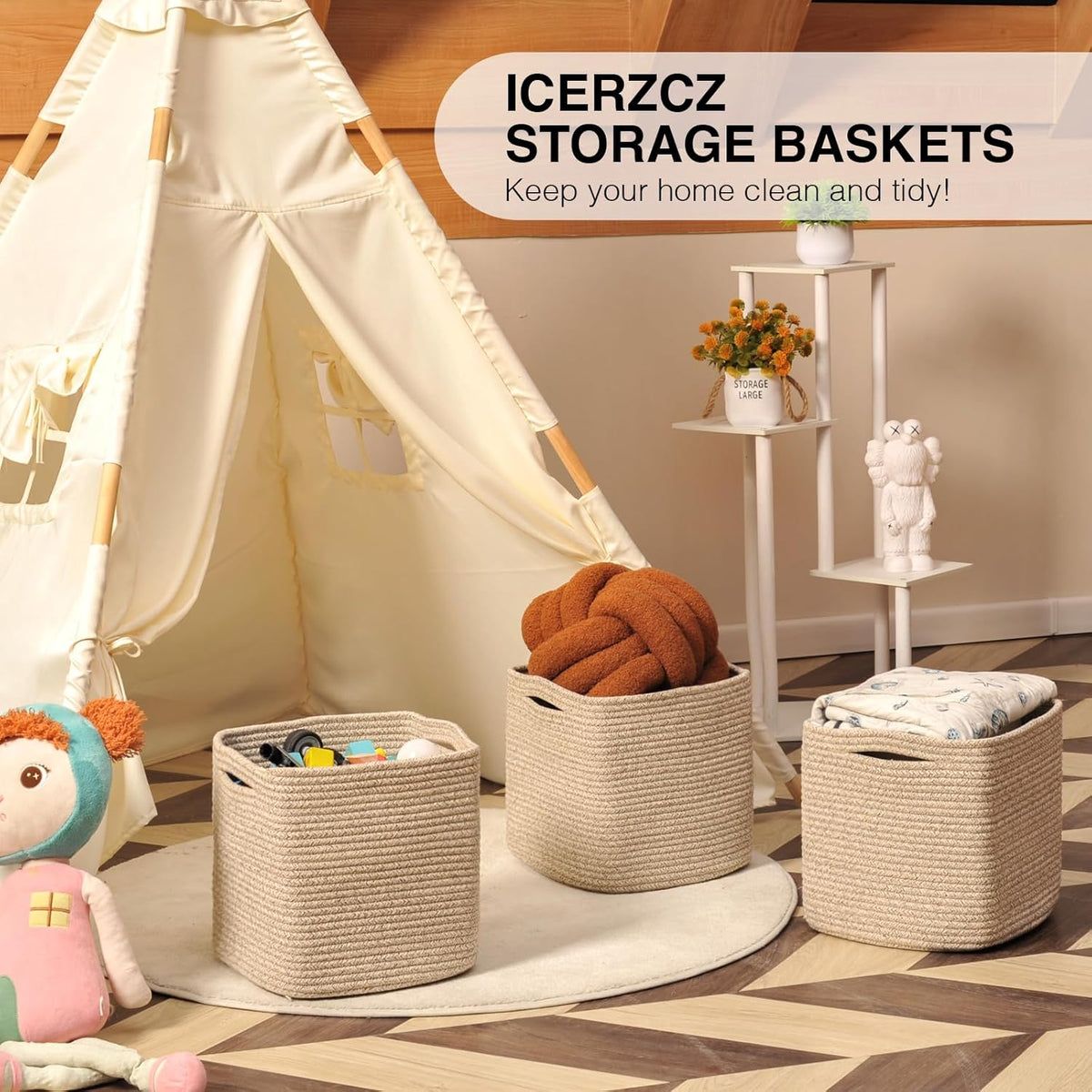 11 Inch Cube Storage Bins, Storage Cube Organizer Bins, Woven Cotton Rope Baskets for Storage