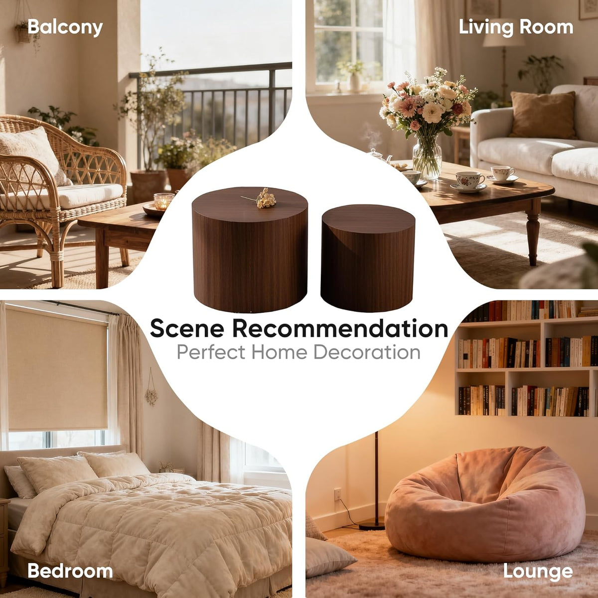 Nesting Round Coffee Table Set of 2, Small Circle Accent End Table for Small Spaces, Morden Drum