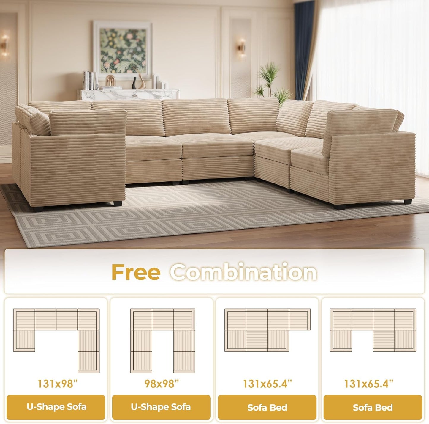HOOOWOOO Modular Sectional Sofa,7 Pieces Sectional Couches for Living Room,131X98 U Shaped Cloud