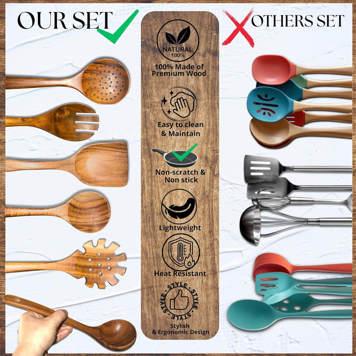 Wooden Spoons for Cooking - 8 Piece Natural Teak Kitchen Utensil Set Non Toxic - Teak Wooden
