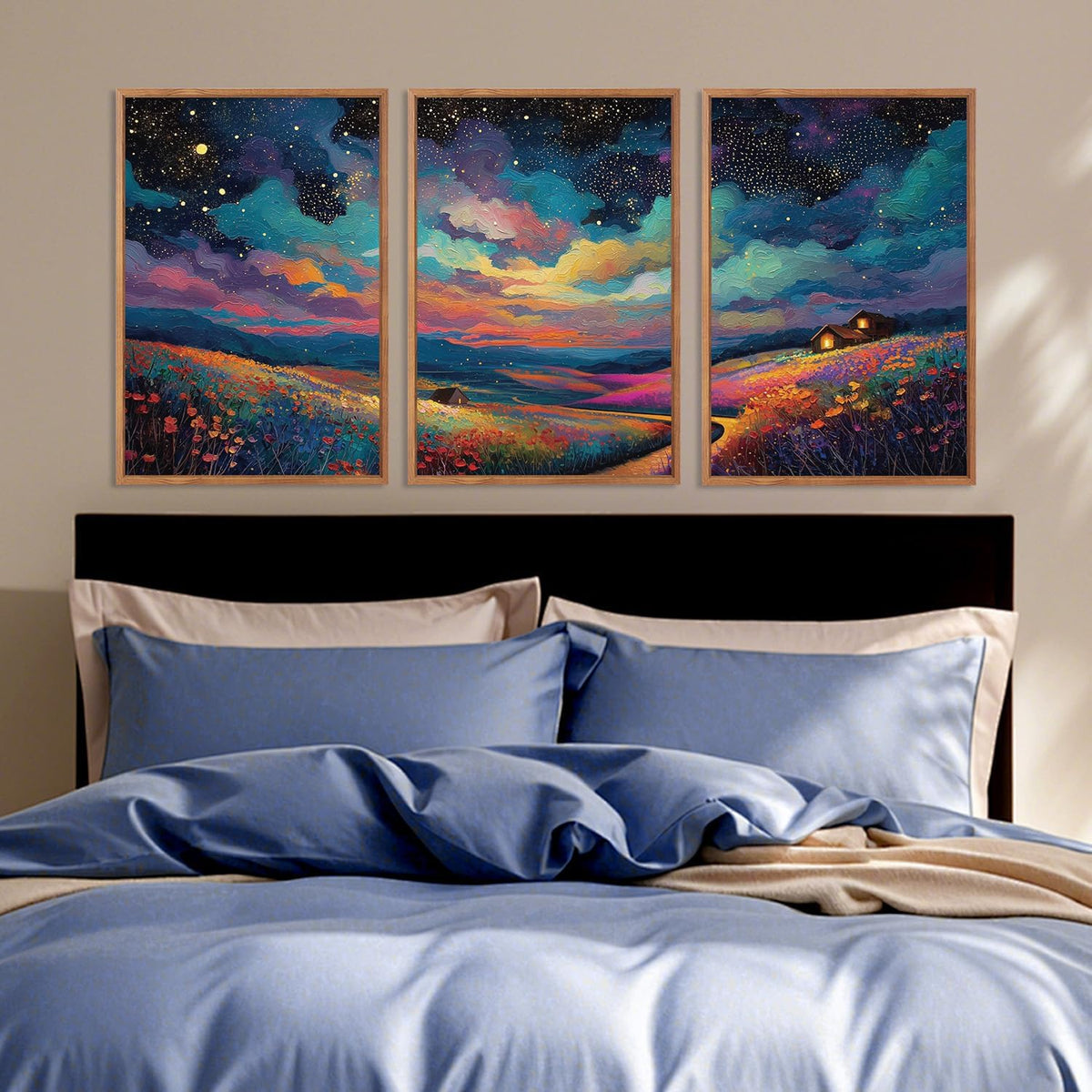 KAIRNE Framed Abstract Midnight Canvas Wall Art,Starry Night Prints Set of 3(16”X24”),Colorful