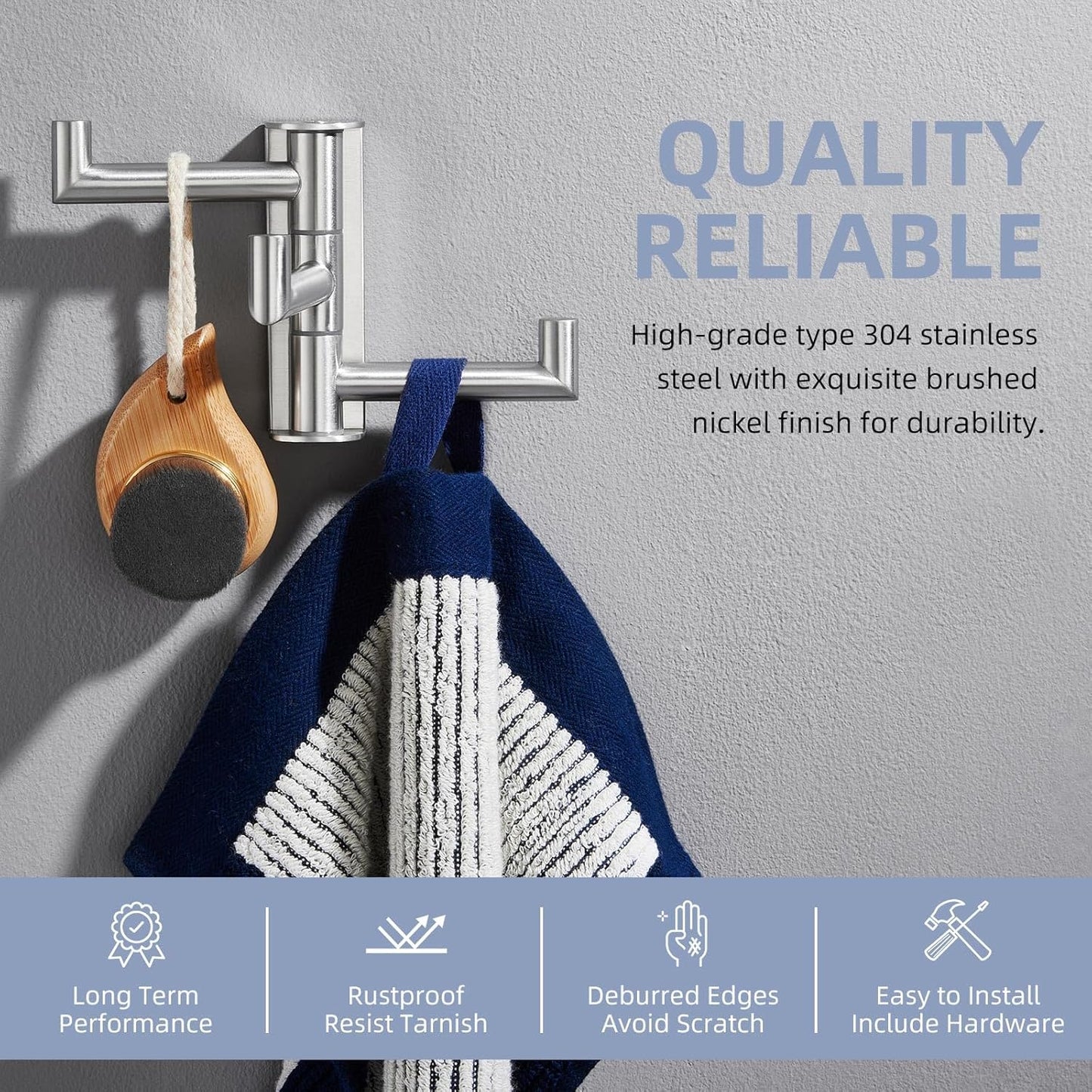 Angle Simple Swivel Towel Hook 3 Arms, SUS 304 Stainless Steel Foldable Robe Towel Hook for