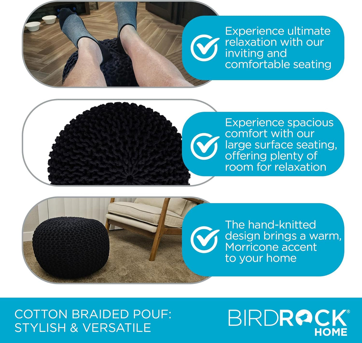 BIRDROCK HOME Round Pouf Ottoman | Cotton Braided Foot Stool with Bean Bag Filling | Boho Foot Rest