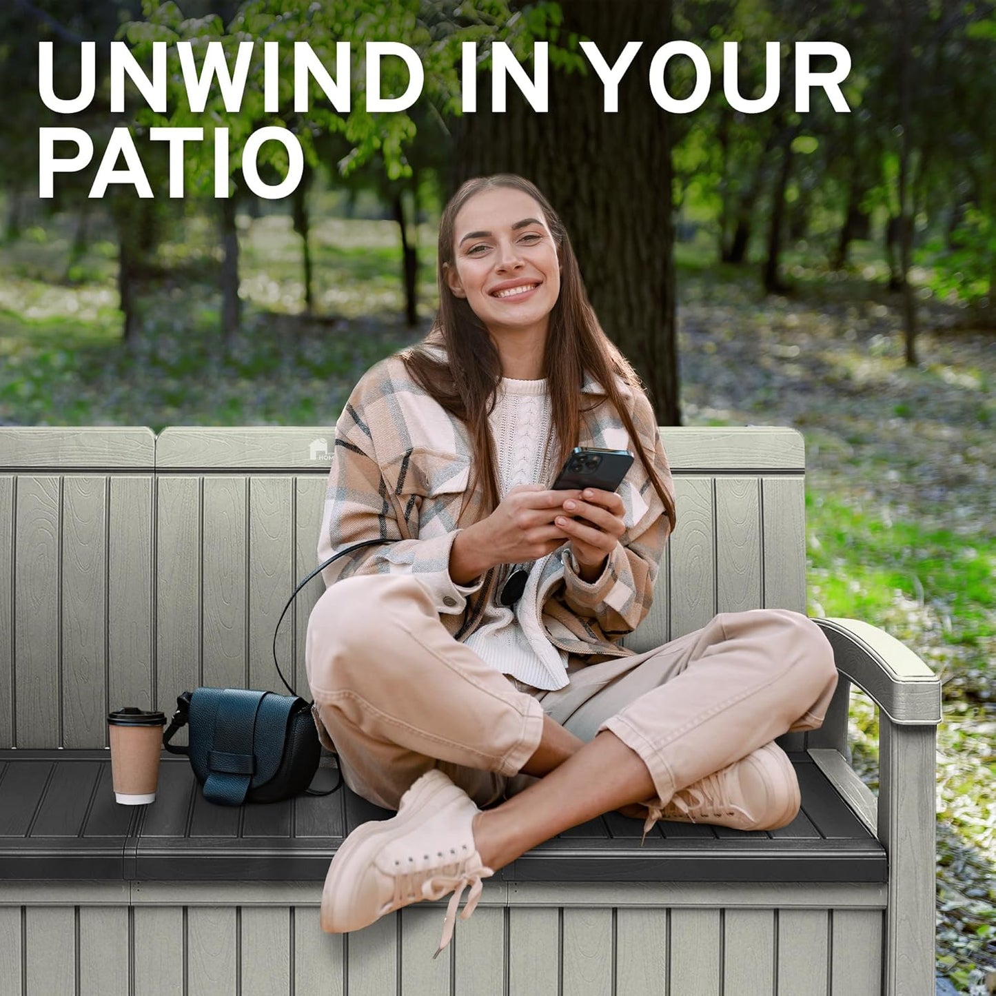 EconoHome 3 Seat Outdoor Storage Bench with Rain Cover - 90 Gallon Capacity - Weatherproof Resin