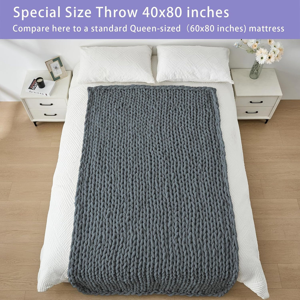 Bigacogo Chunky Knit Throw Blanket for Couch, 40x80 inches, 100% Hand Knitted with Thick Jumbo