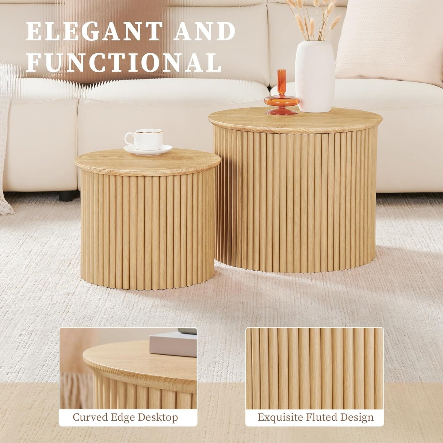 Fluted Round Nesting Coffee Table Set of 2, Small Coffee Table Circle Side Table, Boho Modern Wood