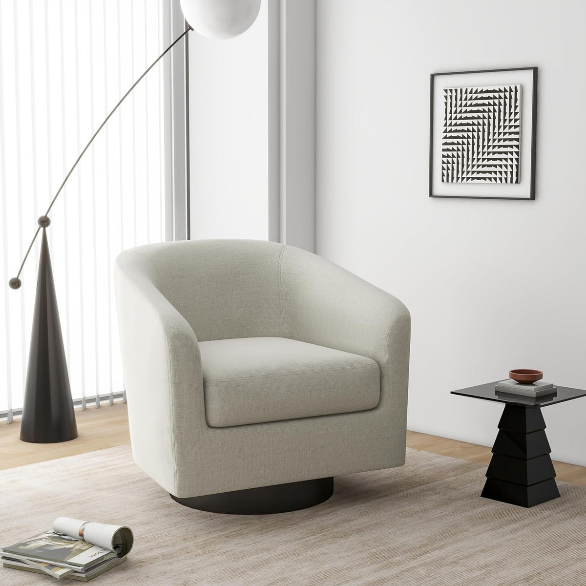 Swivel Barrel Accent Chair, Modern Round Linen Arm Chair for Living Room, Bedroom, Comfy Club