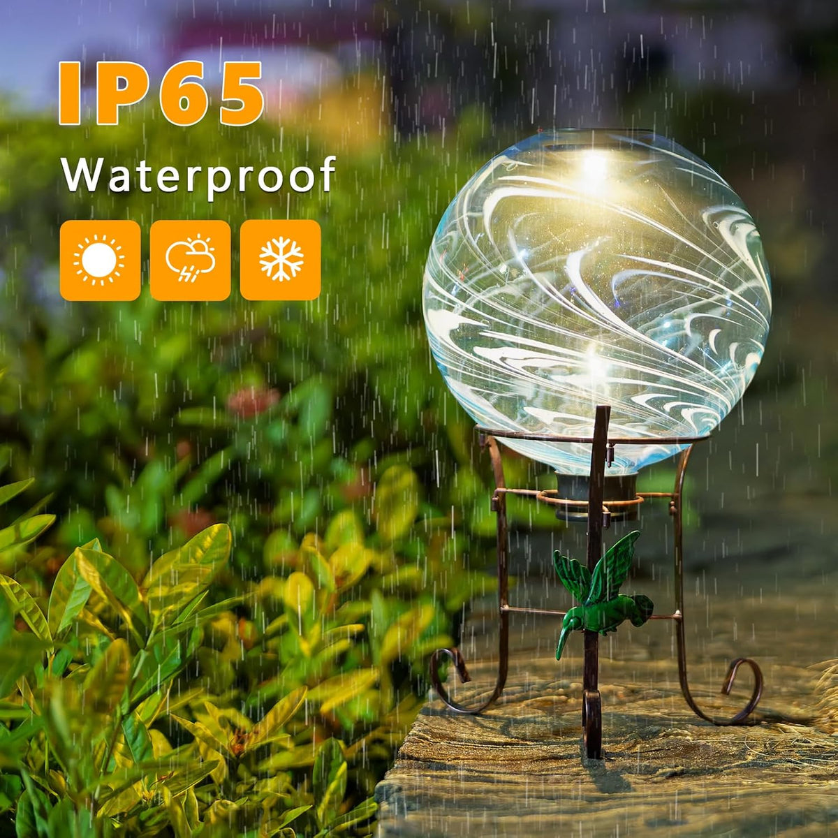 10 Inch Solar Glass Gazing Ball, with 9.4" Tall Metal Gazing Globe Stand, Solar Ball Lights Display
