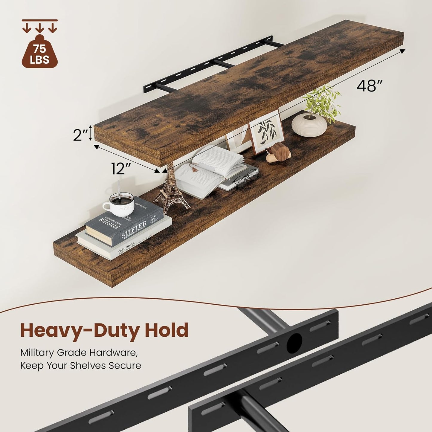 12" Deep Floating Shelves for Wall 48 Inches Long, Heavy Duty Wall Shelves for Bedroom Bathroom