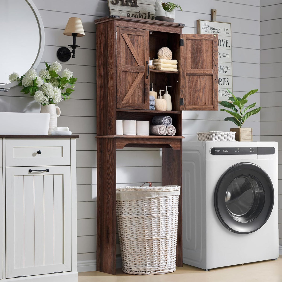 Over The Toilet Storage Cabinet, Farmhouse Bathroom Cabinet with Adjustable Shelf & Barn Door, 67"