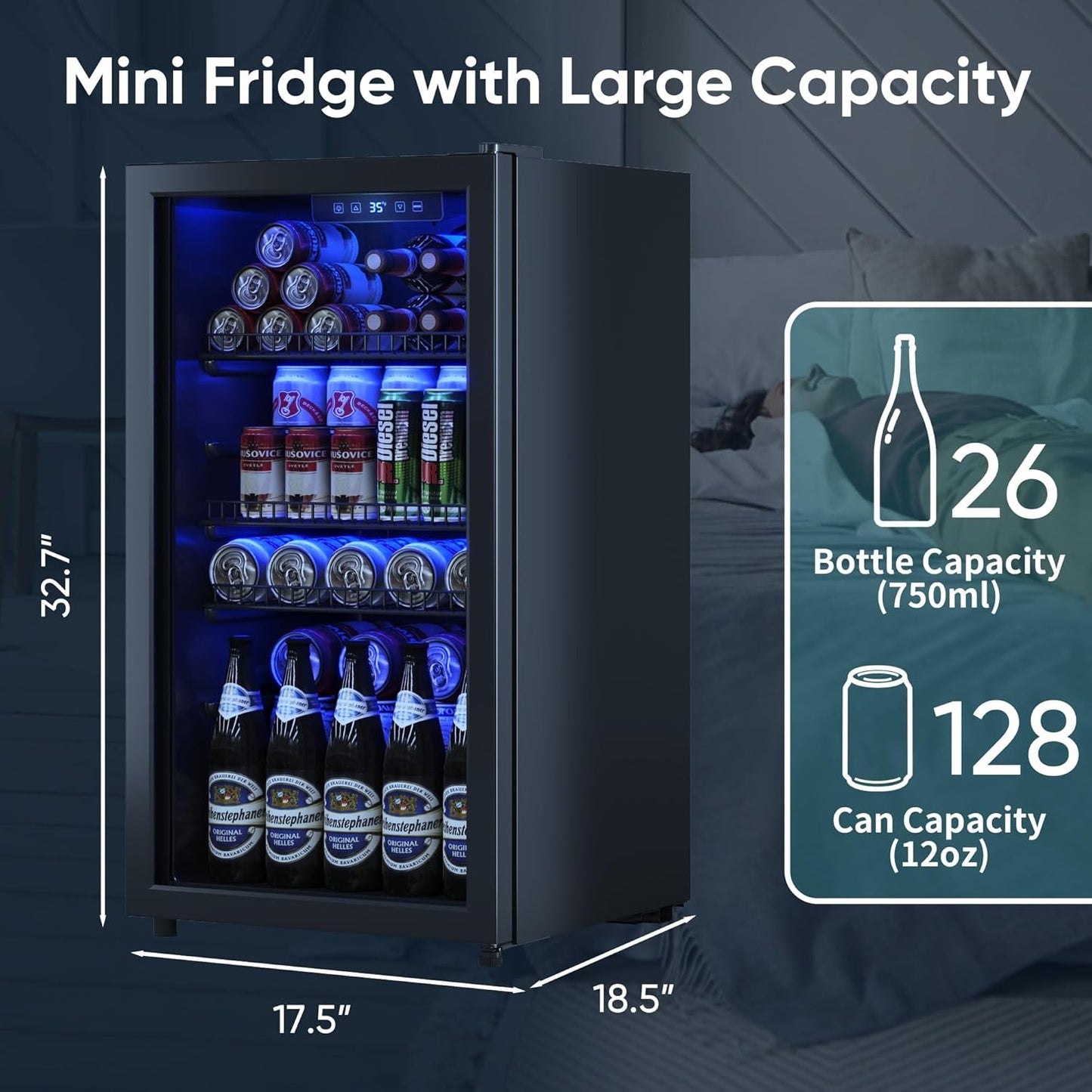 Beverage Fridge, 130 Can Mini Fridge With Glass Door, Beverage Cooler Refrigerator, Wine Drink Beer